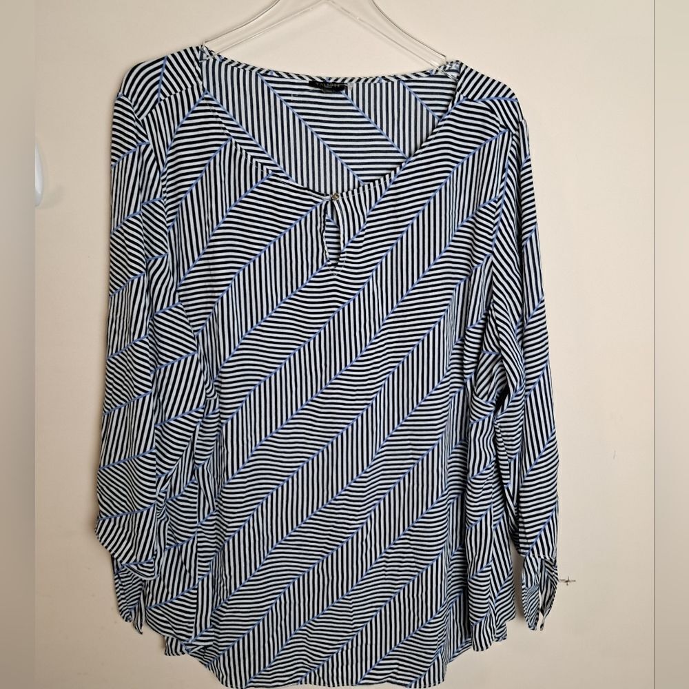 Talbots Size 3X Blouse Chiffon Herringbone Stripe Tie Sleeves Keyhole Neckline